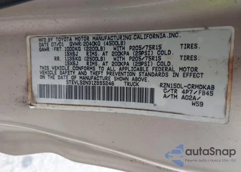 2001 Toyota Tacoma из США, поврежденный, VIN 5TEVL52N31Z855246